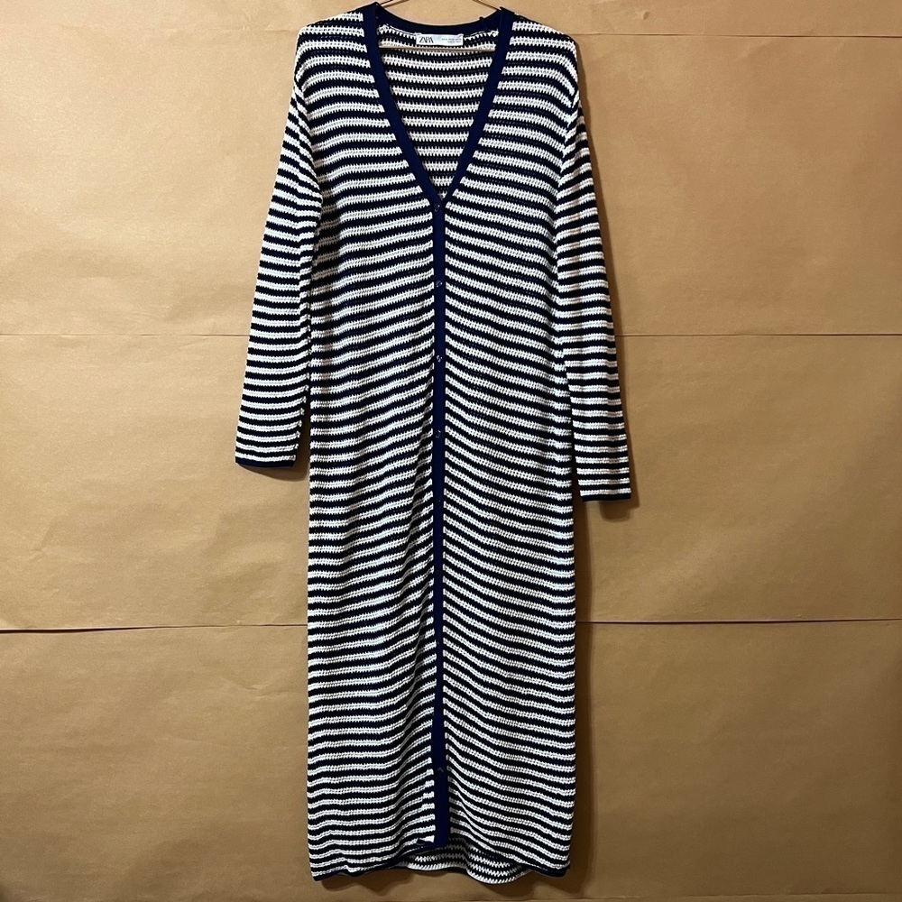 Zara Crochet Knit Nautical Stripe Duster Cardigan Button Front Midi Dress Size M